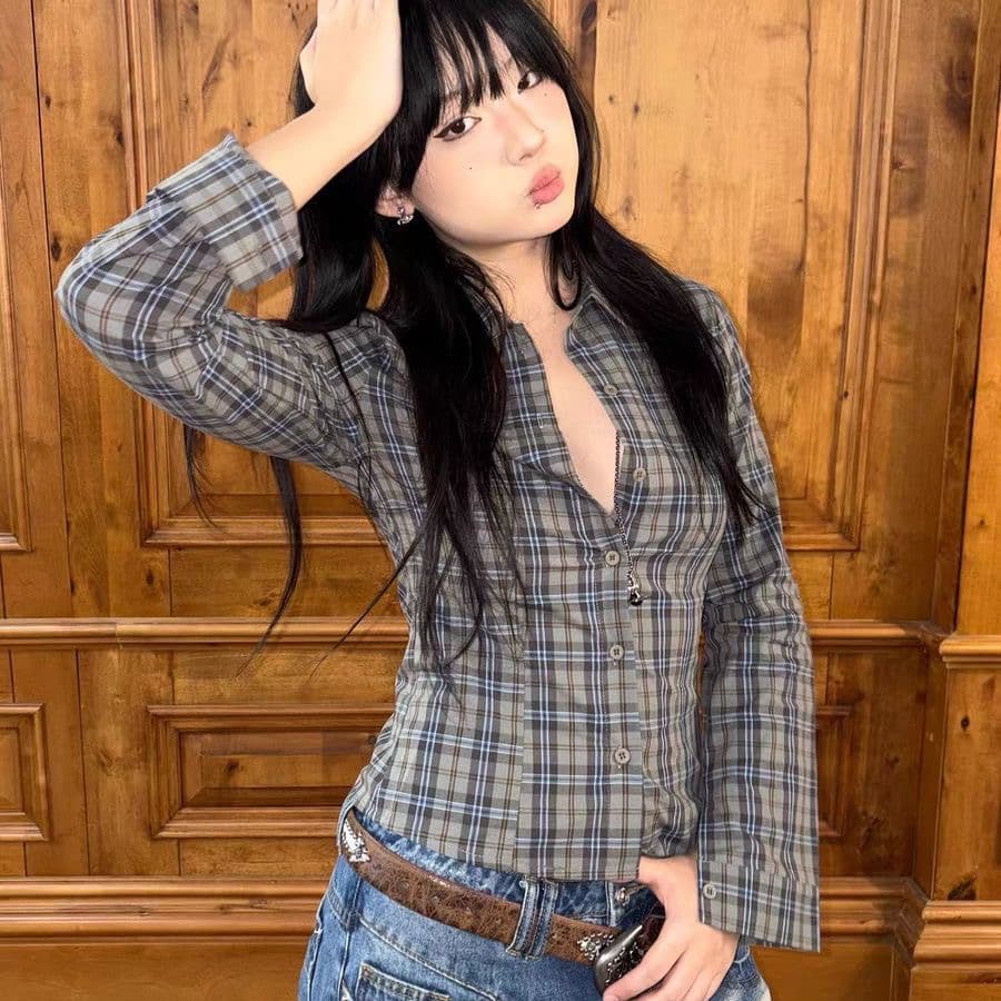 아메리칸 체크무늬 긴팔 셔츠 뒤로 나비 넥타이 디자인 핫걸 바람 허리 수축 슬림해 보이는 맨위 다용도 셔츠 상세 이미지 2