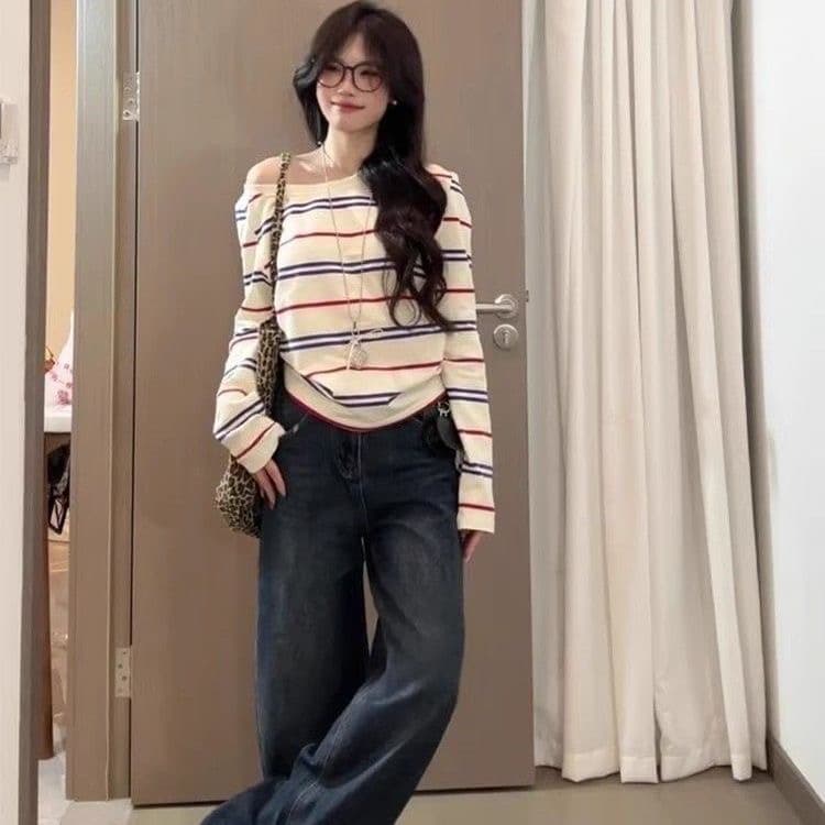 가을 겨울 새로운 배색 스트라이프 이른 가을 분위기 비스듬한 어깨 긴팔 티셔츠 ins 가을 디자인 슬림해 보이는 몸매 가꾸기 맨위 여성 상세 이미지 6