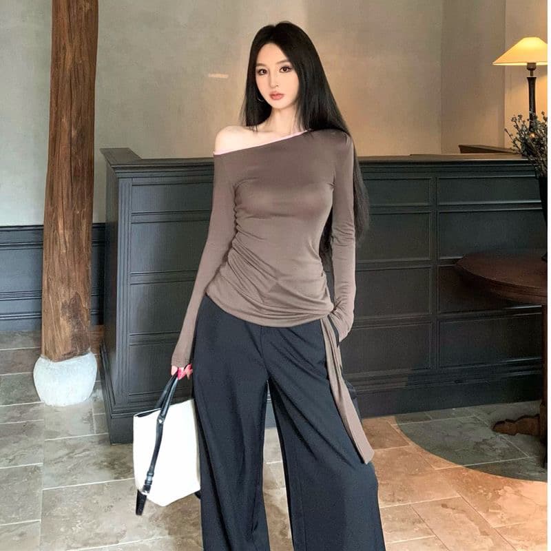 2026 가을 새로운 디자인 센스 품격 비스듬한 어깨 리본 몸매 가꾸기 슬림해 보이는 티셔츠 맨위 이미지 3