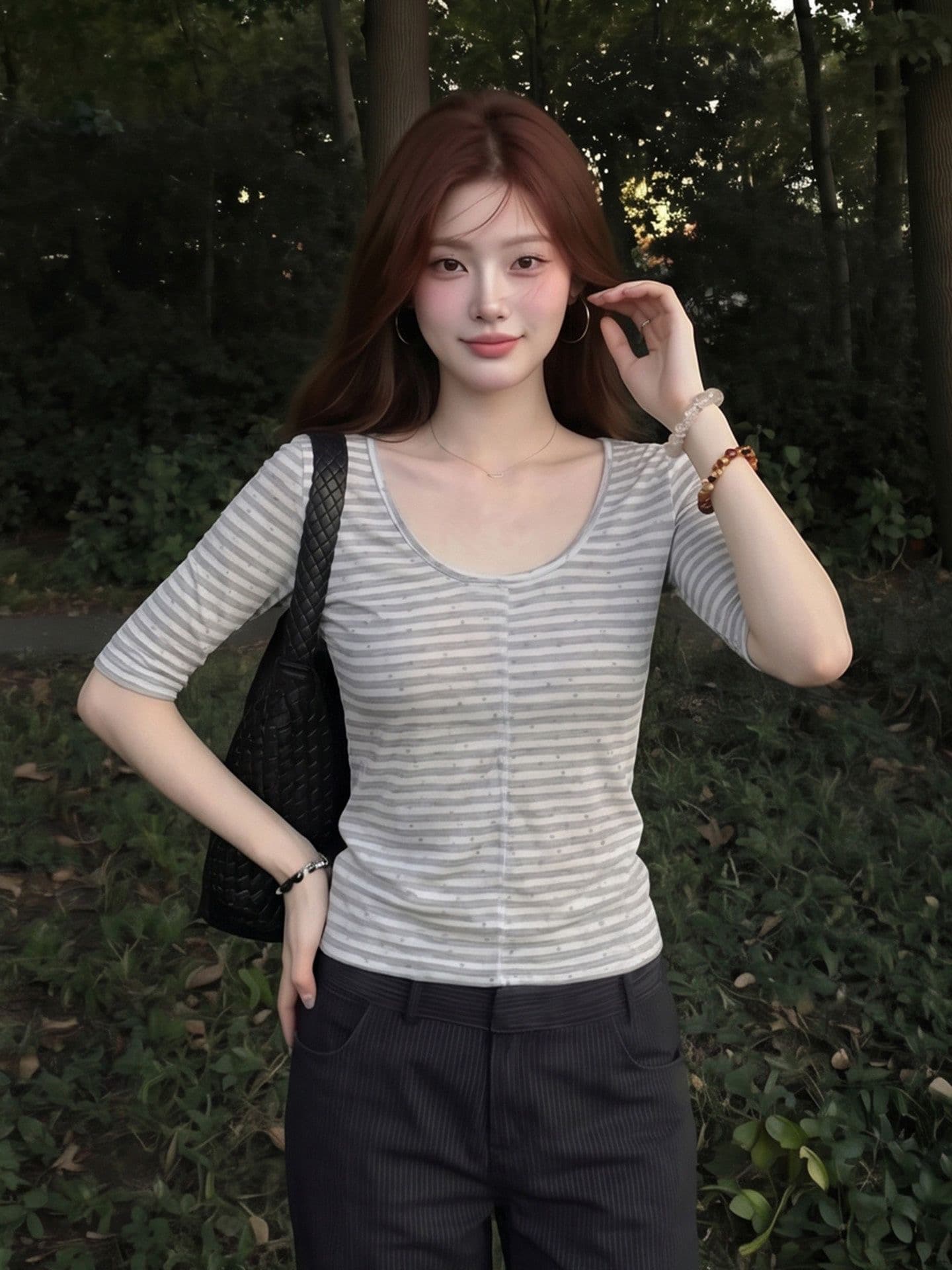 한국 스타일 레트로 순수한 욕망 바람 중간 소매 티셔츠 여성 여름 새로운 몸매 가꾸기 슬림해 보이는 디자인 센스 작은 대중 스트라이프 맨위 ins 이미지 3