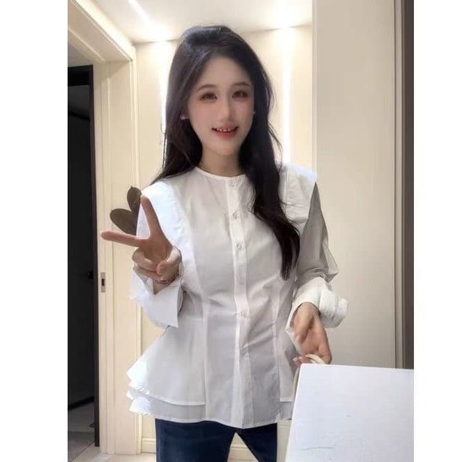고급 센스 밑단 프릴 화이트 여성 셔츠 2025 년 가을 새로운 긴팔 셔츠 허리 수축 품격 맨위 상세 이미지 2