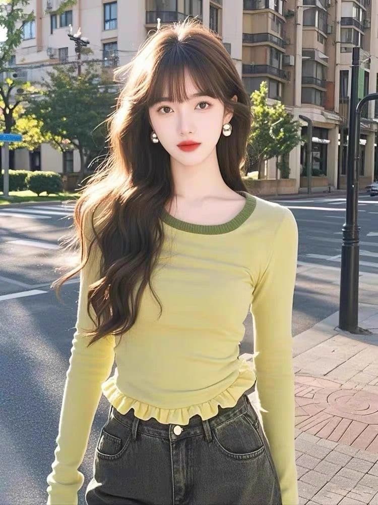 황색 고유 한 Chic 프릴 디자인 센스 긴팔 기본 셔츠 여성 봄 가을 몸매 가꾸기 슬림해 보이는 아름다운 쇼트 스타일 맨위 이미지 4
