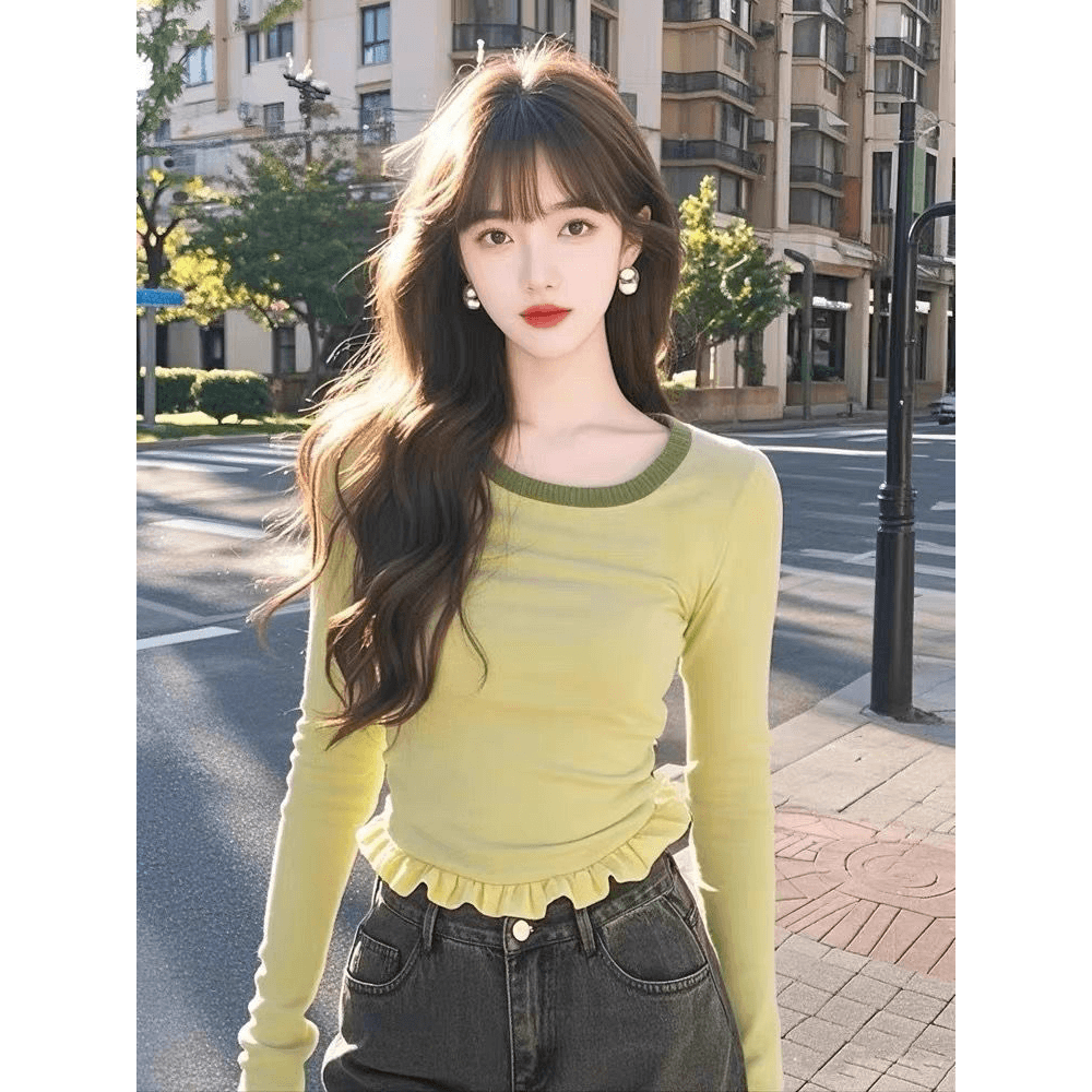 황색 고유 한 Chic 프릴 디자인 센스 긴팔 기본 셔츠 여성 봄 가을 몸매 가꾸기 슬림해 보이는 아름다운 쇼트 스타일 맨위 이미지 5