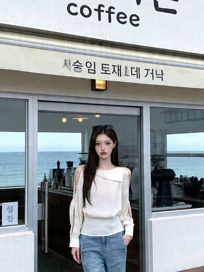 봄 여름 새로운 한 부서 부드러운 바람 디자인 센스 오프숄더 레이스 업 셔츠 여성 셔츠 아름다운 외국 가스 연령 감소 작은 셔츠 이미지 4