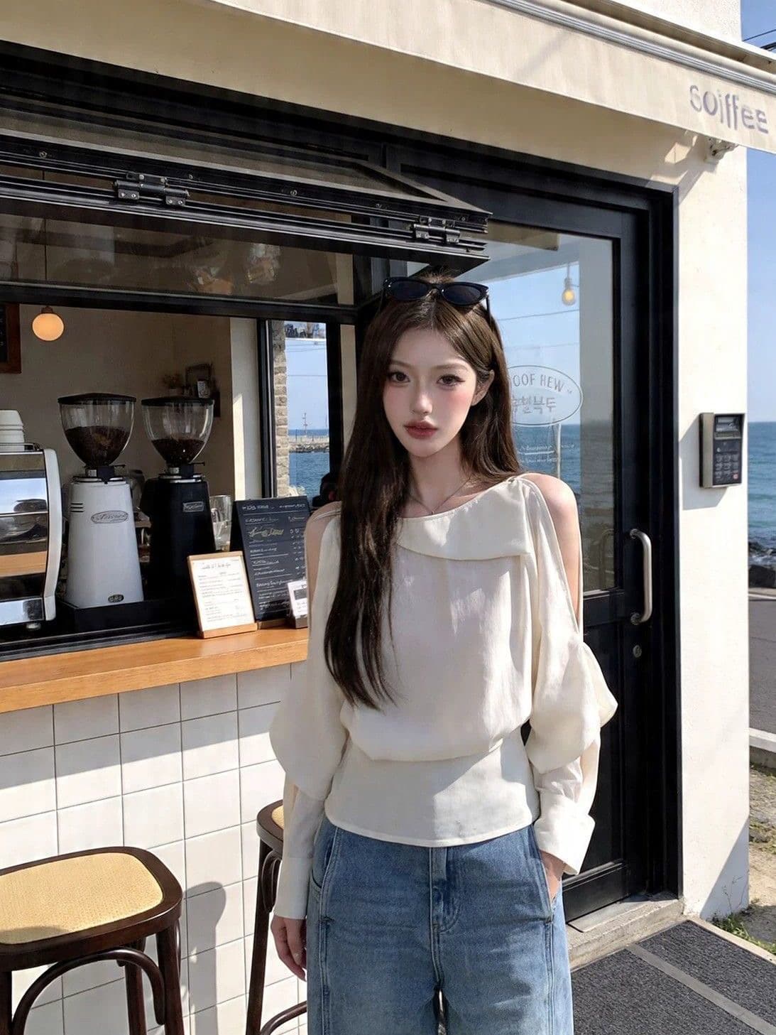 봄 여름 새로운 한 부서 부드러운 바람 디자인 센스 오프숄더 레이스 업 셔츠 여성 셔츠 아름다운 외국 가스 연령 감소 작은 셔츠 상세 이미지 2