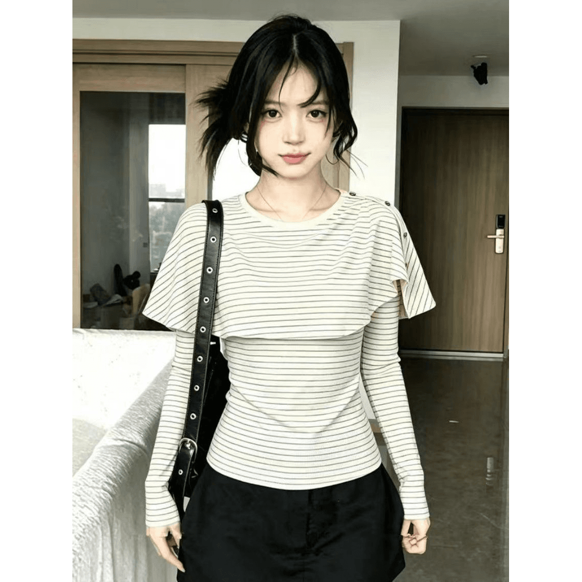 한 부서 미니멀리즘 페이크 레이어드 숄 스트라이프 긴팔 티셔츠 여성 가을 새로운 몸매 가꾸기 슬림해 보이는 출퇴근 다용도 맨위 이미지 5