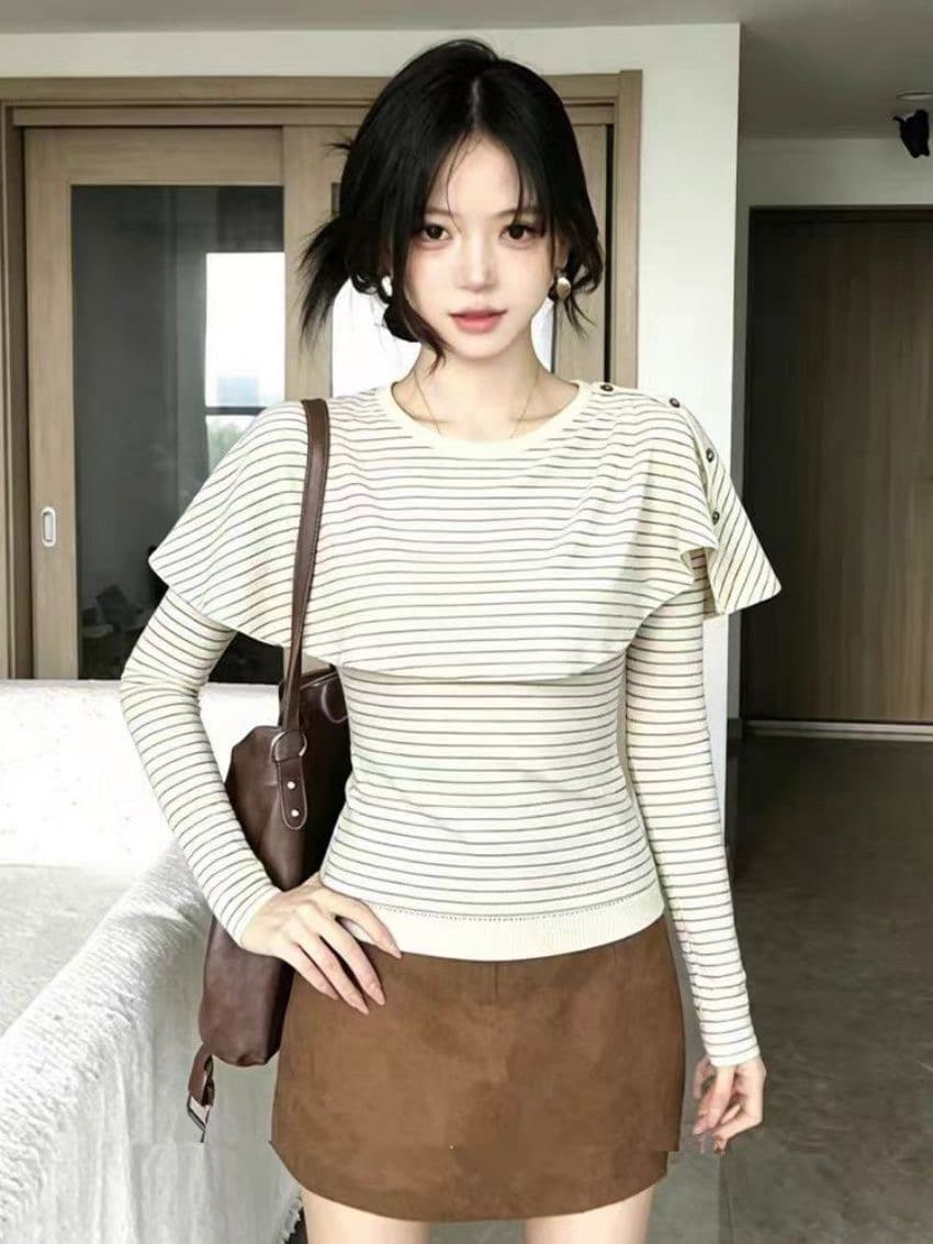 한 부서 미니멀리즘 페이크 레이어드 숄 스트라이프 긴팔 티셔츠 여성 가을 새로운 몸매 가꾸기 슬림해 보이는 출퇴근 다용도 맨위 상세 이미지 3