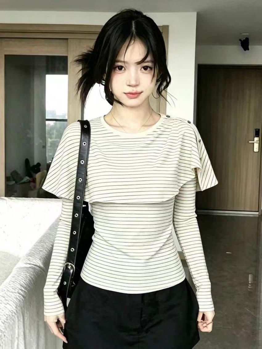 한 부서 미니멀리즘 페이크 레이어드 숄 스트라이프 긴팔 티셔츠 여성 가을 새로운 몸매 가꾸기 슬림해 보이는 출퇴근 다용도 맨위 상세 이미지 5