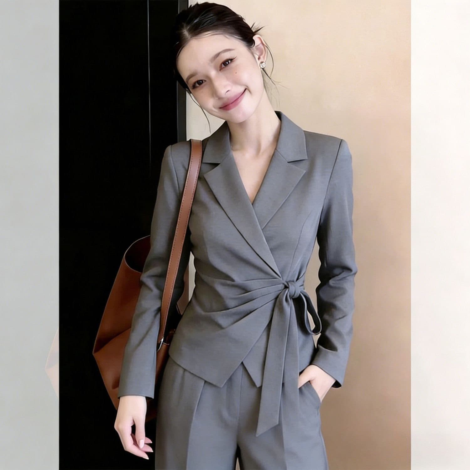회색 폴로 칼라 작은 대중 직장 출퇴근 정장 긴팔 재킷 봄 가을 새로운 몸매 가꾸기 슬림해 보이는 표지 배 상세 이미지 6