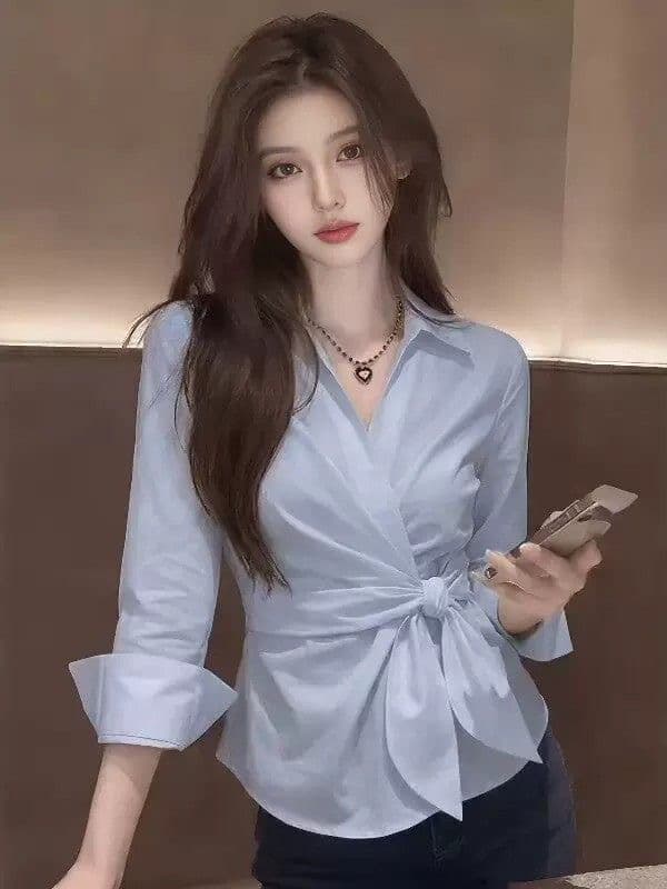 한 부서 품격 파란색 폴로 칼라 허리 수축 스트랩 여성 셔츠 여름 외부 가져 가라. 자외선 차단 셔츠 슈퍼 잘 생긴 긴팔 맨위 상세 이미지 1
