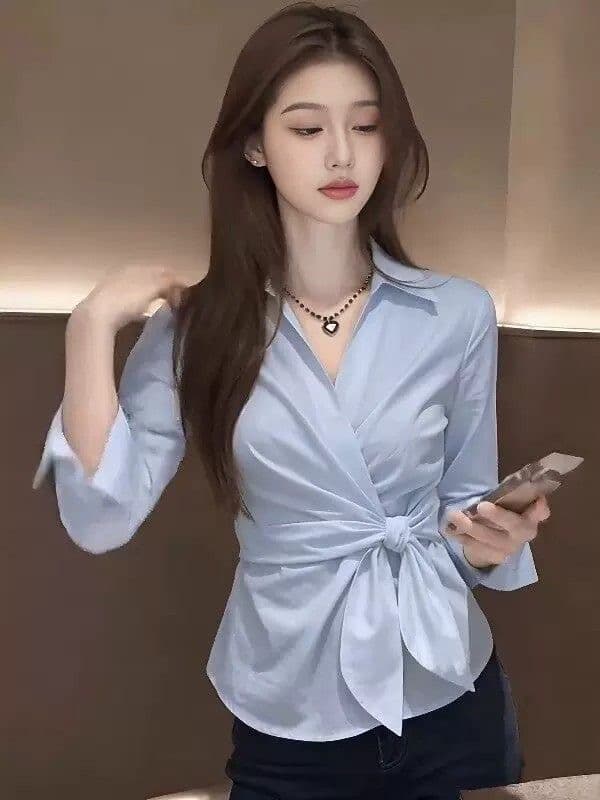 한 부서 품격 파란색 폴로 칼라 허리 수축 스트랩 여성 셔츠 여름 외부 가져 가라. 자외선 차단 셔츠 슈퍼 잘 생긴 긴팔 맨위 상세 이미지 3