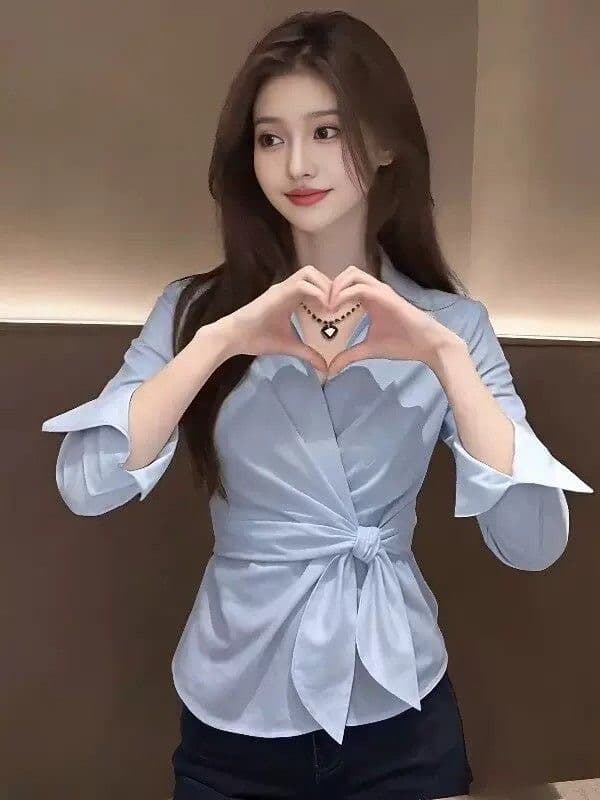 한 부서 품격 파란색 폴로 칼라 허리 수축 스트랩 여성 셔츠 여름 외부 가져 가라. 자외선 차단 셔츠 슈퍼 잘 생긴 긴팔 맨위 상세 이미지 5