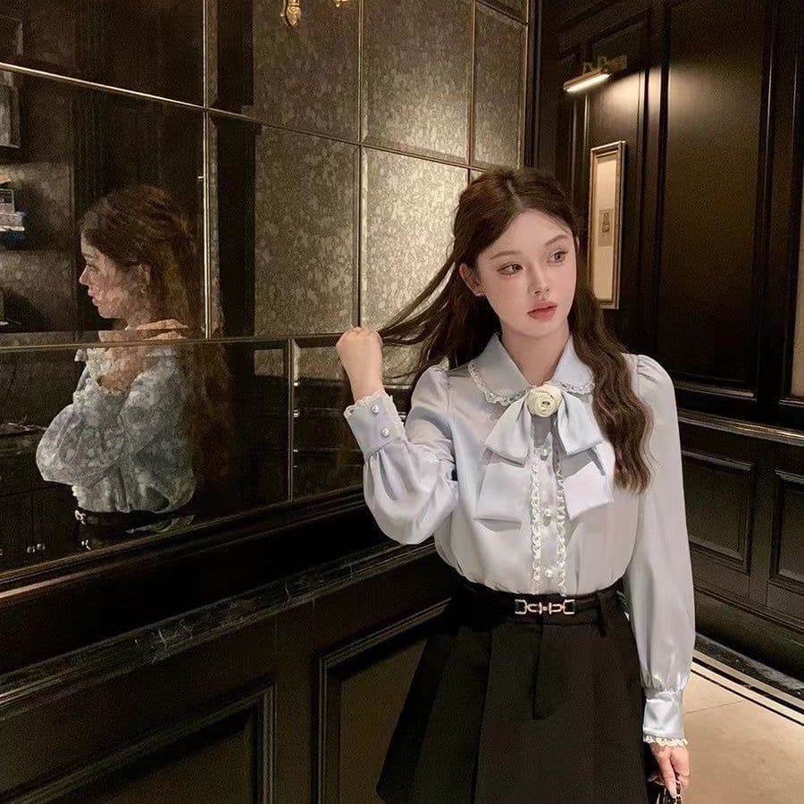이른 가을 새로운 작은 셔츠 한 부서 빛 요리 한 맨위 긴팔 몸매 가꾸기 레이스 레이스 패치워크 베이비 칼라 나비 매듭 출퇴근 상세 이미지 4