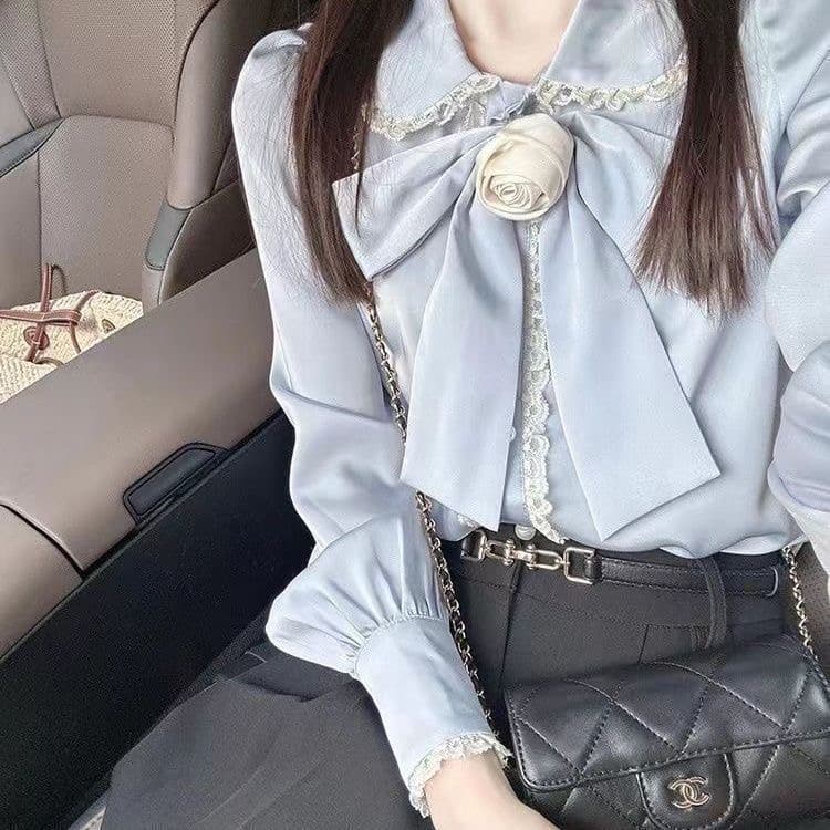 이른 가을 새로운 작은 셔츠 한 부서 빛 요리 한 맨위 긴팔 몸매 가꾸기 레이스 레이스 패치워크 베이비 칼라 나비 매듭 출퇴근 상세 이미지 6