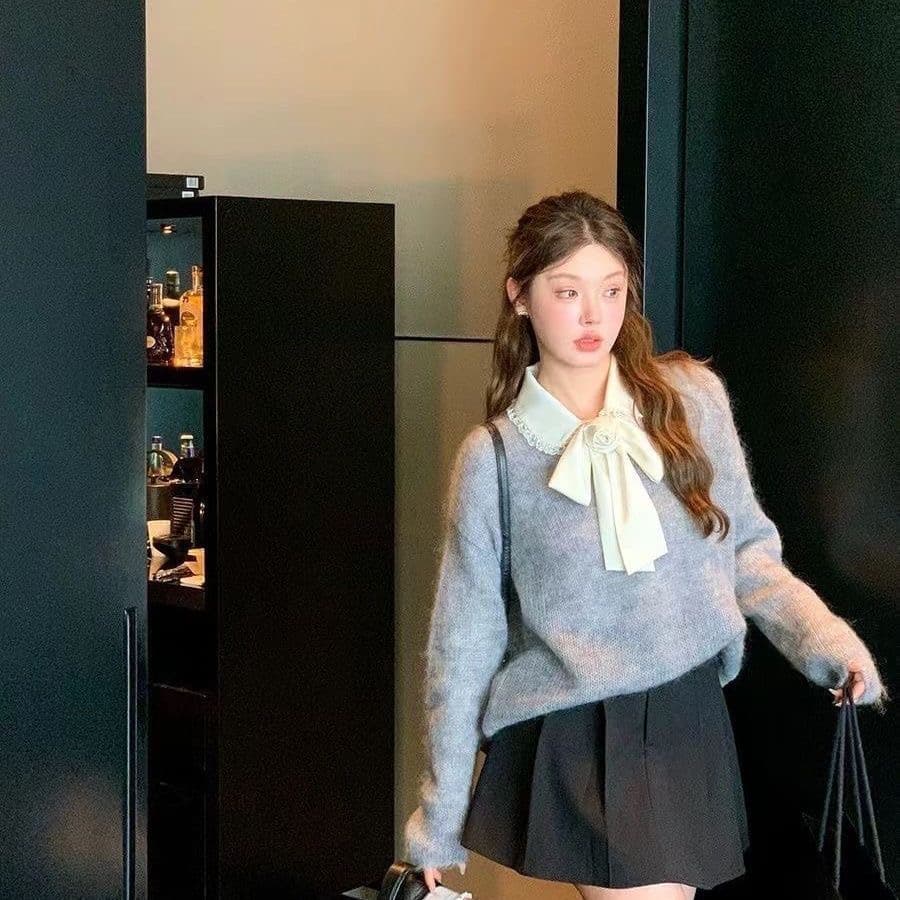 이른 가을 새로운 작은 셔츠 한 부서 빛 요리 한 맨위 긴팔 몸매 가꾸기 레이스 레이스 패치워크 베이비 칼라 나비 매듭 출퇴근 상세 이미지 8
