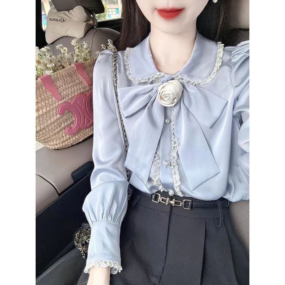 이른 가을 새로운 작은 셔츠 한 부서 빛 요리 한 맨위 긴팔 몸매 가꾸기 레이스 레이스 패치워크 베이비 칼라 나비 매듭 출퇴근 상세 이미지 10