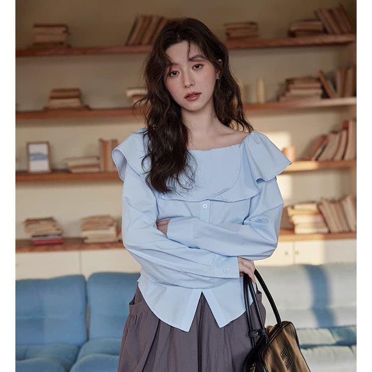 순면 핫걸 착용 가져 가라. 프랑스식 프릴 오프숄더 셔츠 봄 새로운 슬림해 보이는 품격 긴팔 맨위 여자 이미지 4