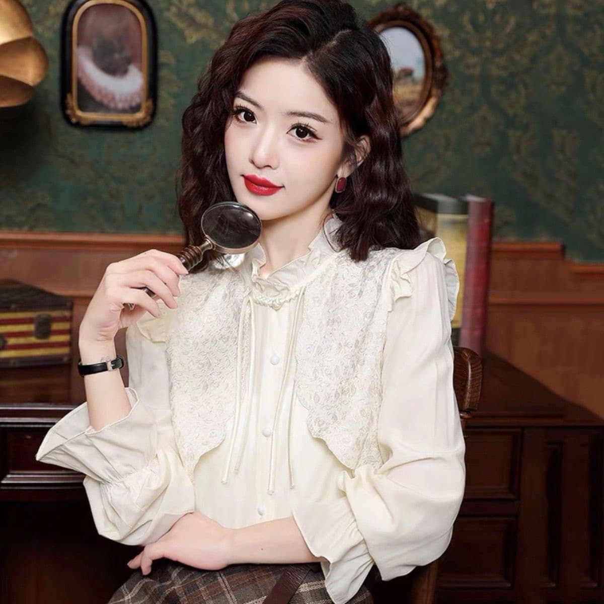 새로운 중식 국풍 긴팔 쉬폰 셔츠 여성 가을 겨울 새로운 프랑스식 연령 감소 작은 셔츠 외국 가스 페이크 레이어드 맨위 이미지 3