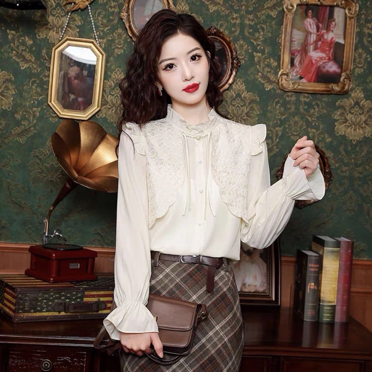 새로운 중식 국풍 긴팔 쉬폰 셔츠 여성 가을 겨울 새로운 프랑스식 연령 감소 작은 셔츠 외국 가스 페이크 레이어드 맨위 이미지 4