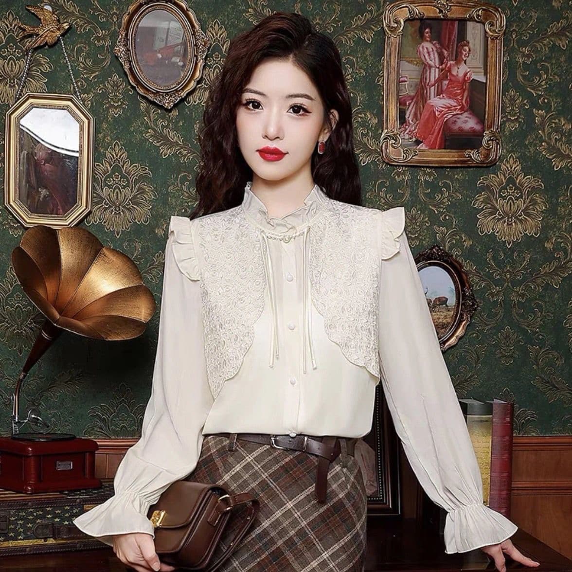 새로운 중식 국풍 긴팔 쉬폰 셔츠 여성 가을 겨울 새로운 프랑스식 연령 감소 작은 셔츠 외국 가스 페이크 레이어드 맨위 상세 이미지 1