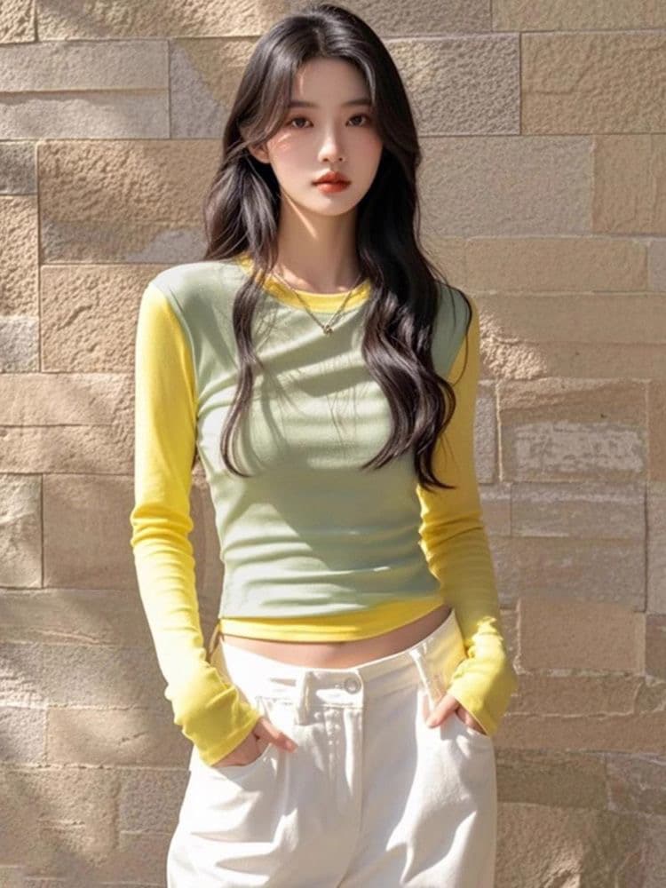 패치워크 색상 고급 센스 페이크 레이어드 양면 De 플러시 긴팔 기본 셔츠 가을 겨울철 2024 새로운 몸매 가꾸기 맨위 여성 의류 이미지 4