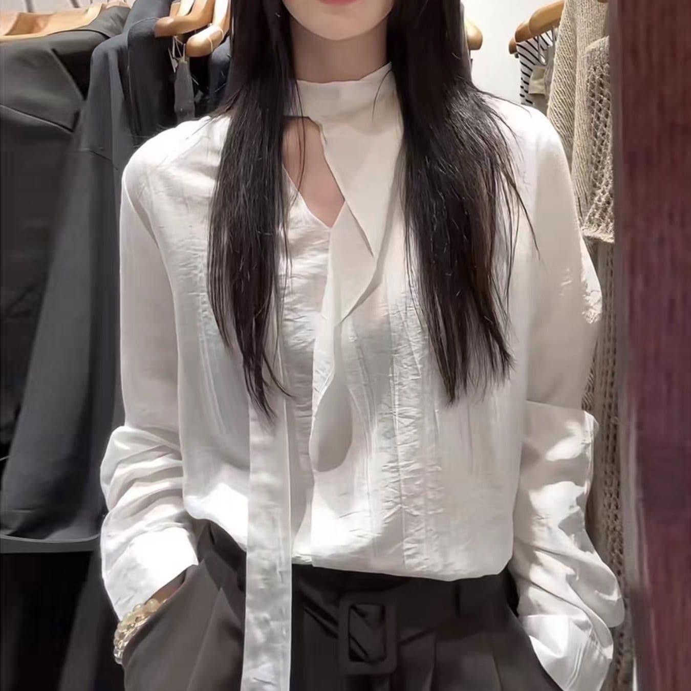 한 부서 Chic 긴팔 품격 리본 맨위 화이트 여성 셔츠 가을 새로운 고급 센스 루즈핏 다용도 셔츠 상세 이미지 1