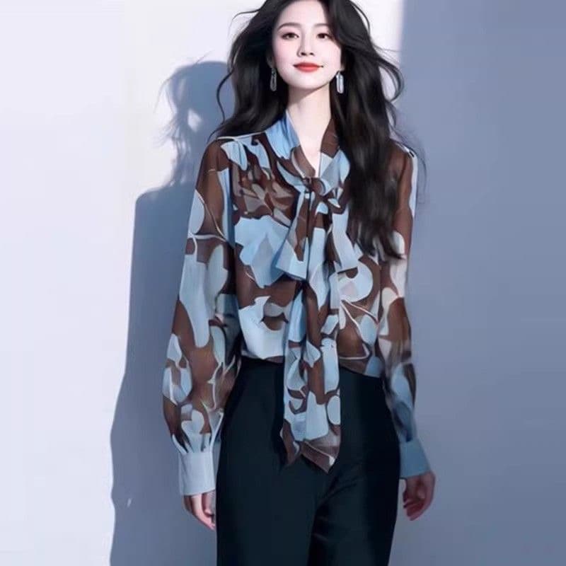 패션 고급 센스 레이스업 쉬폰 꽃무늬 여성 셔츠 2026 봄 여름 새로운 표지 배 슬림해 보이는 긴팔 아름다운 맨위 이미지 2