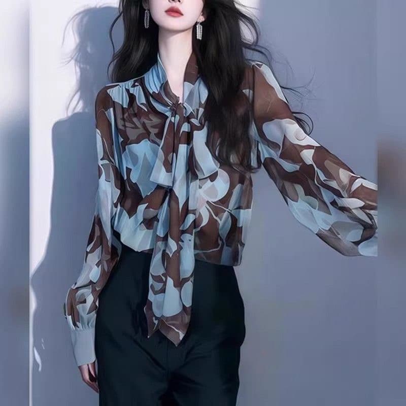 패션 고급 센스 레이스업 쉬폰 꽃무늬 여성 셔츠 2026 봄 여름 새로운 표지 배 슬림해 보이는 긴팔 아름다운 맨위 상세 이미지 1