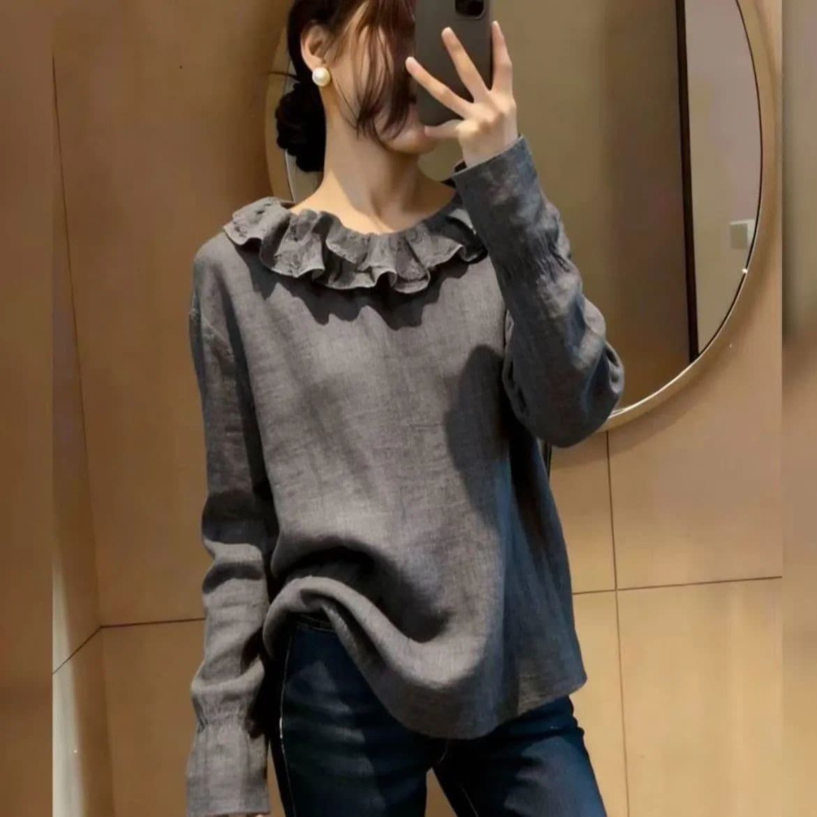 가을 새로운 빅 사이즈 여성 의류 미니멀리즘 프릴 긴팔 여성 셔츠 프랑스식 루즈핏 긴팔 맨위 다용도 트렌디 상세 이미지 2