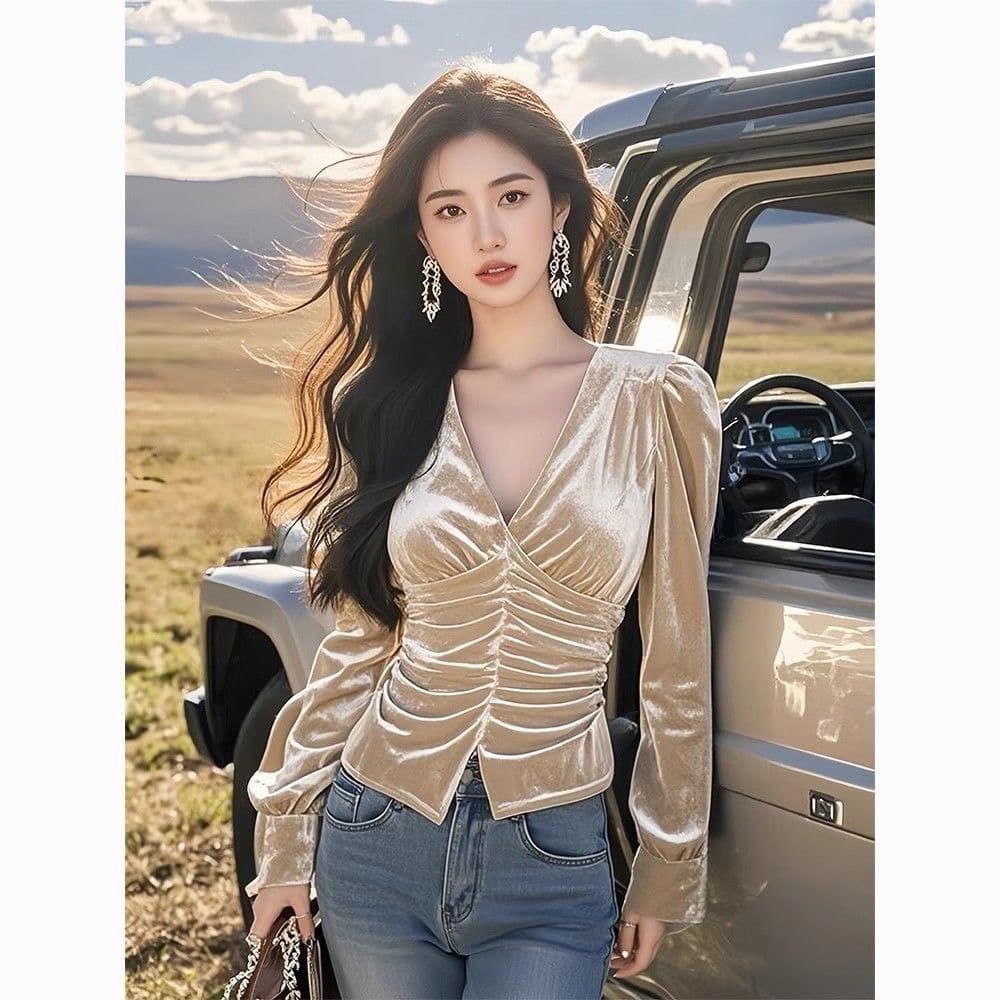 금사 벨벳 긴팔 여성 셔츠 2025 새로운 가을 겨울 V넥 허리 수축 프랑스식 맨위 고급 센스 인사이드 가져 가라. 기본 셔츠 이미지 2