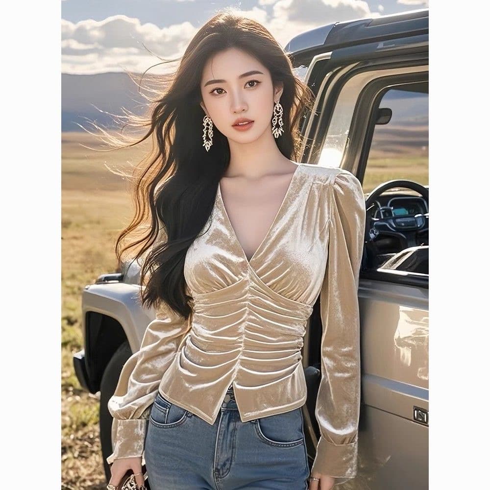 금사 벨벳 긴팔 여성 셔츠 2025 새로운 가을 겨울 V넥 허리 수축 프랑스식 맨위 고급 센스 인사이드 가져 가라. 기본 셔츠 이미지 5