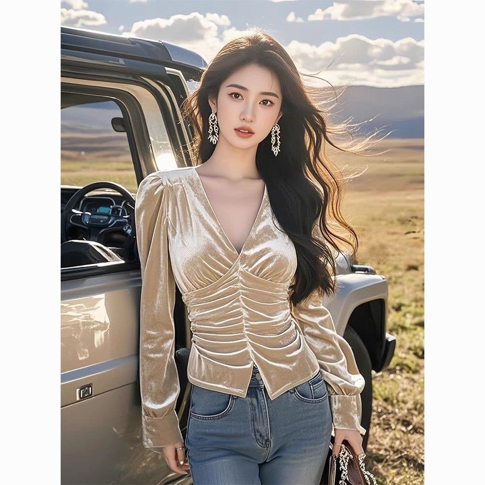 금사 벨벳 긴팔 여성 셔츠 2025 새로운 가을 겨울 V넥 허리 수축 프랑스식 맨위 고급 센스 인사이드 가져 가라. 기본 셔츠 상세 이미지 5