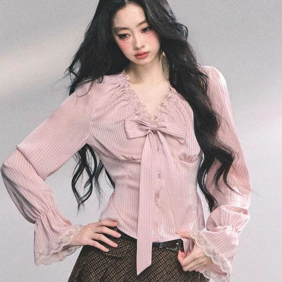 한 부서 달콤함 나비 매듭 나팔 셔츠 봄 허리 수축 슬림해 보이는 품격 연령 감소 핑크색 맨위 며칠 안에 선적 이미지 3