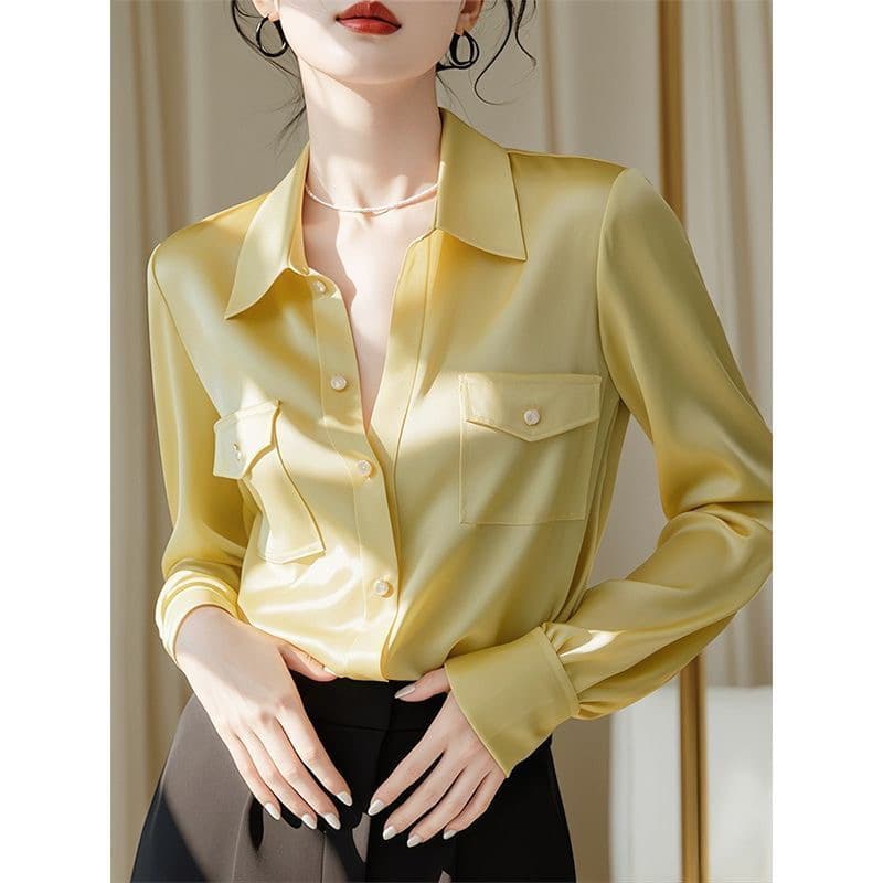 프랑스식 빛 요리 한 황색 쉬폰 여성 셔츠 디자인 센스 작은 대중 이른 가을 고유 한 Chic 외국 가스 고급 긴팔 맨위