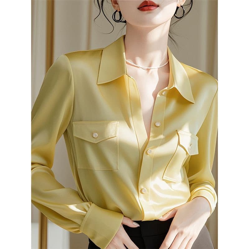 프랑스식 빛 요리 한 황색 쉬폰 여성 셔츠 디자인 센스 작은 대중 이른 가을 고유 한 Chic 외국 가스 고급 긴팔 맨위 상세 이미지 1