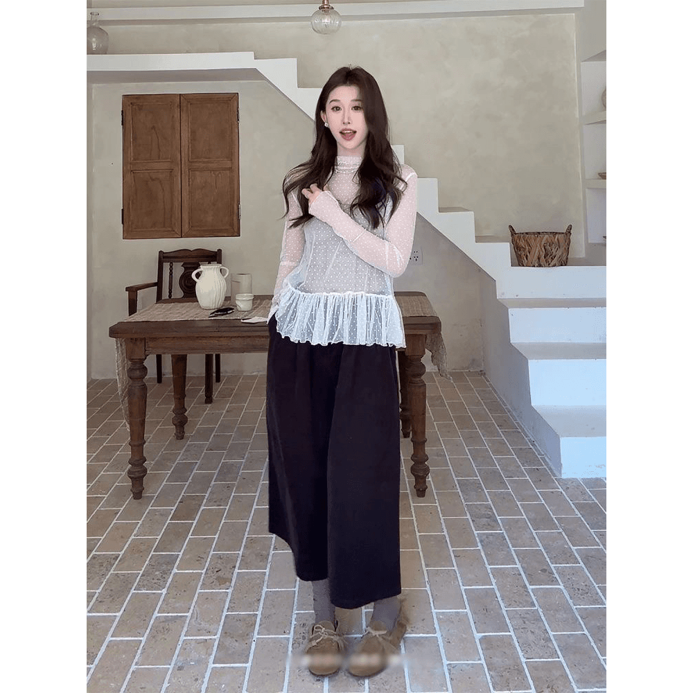 2026 가을 새로운 치자 나무 바람 편지 프랑스식 품격 반하이넥 루즈핏 긴팔 도트 무늬 다용도 티셔츠 이미지 5
