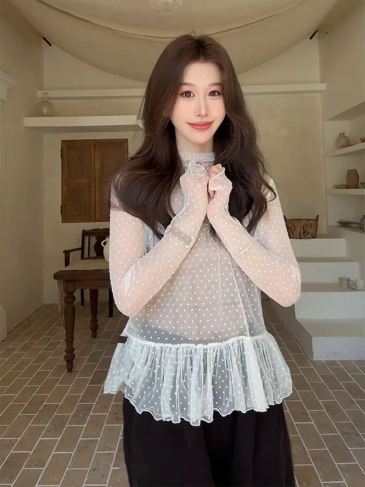 2026 가을 새로운 치자 나무 바람 편지 프랑스식 품격 반하이넥 루즈핏 긴팔 도트 무늬 다용도 티셔츠 상세 이미지 1