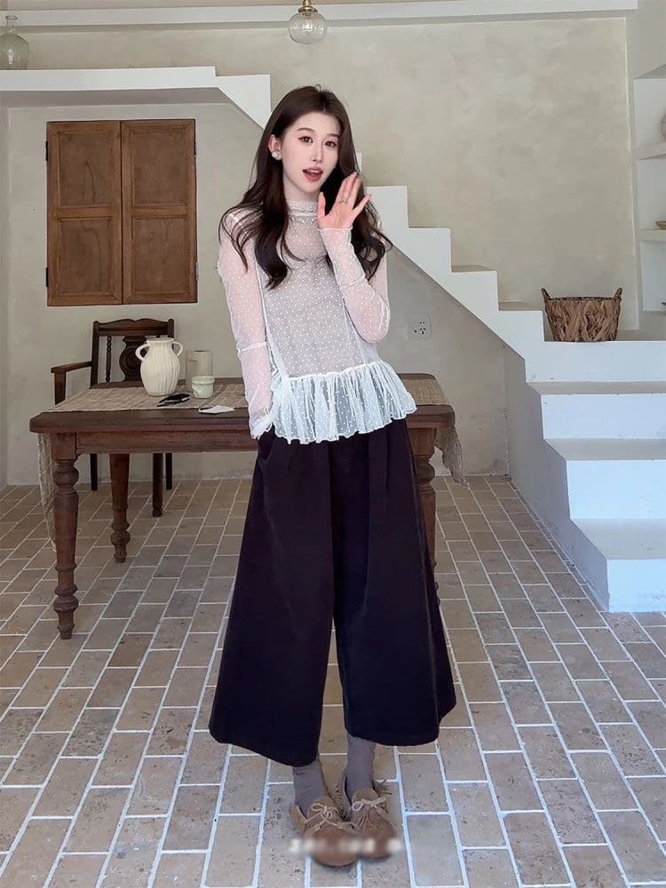 2026 가을 새로운 치자 나무 바람 편지 프랑스식 품격 반하이넥 루즈핏 긴팔 도트 무늬 다용도 티셔츠 상세 이미지 3