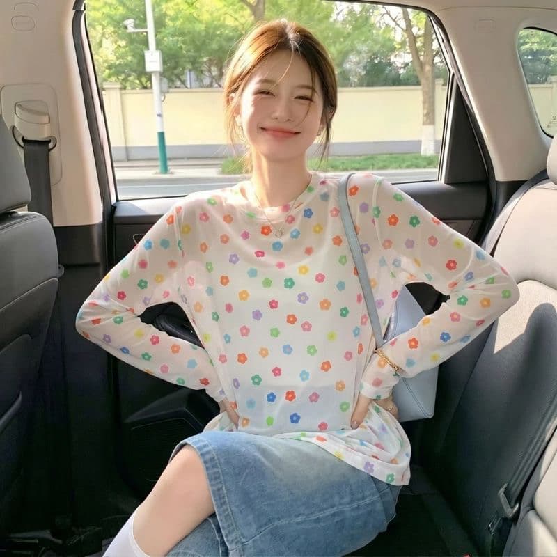 빅 사이즈 색상 별 프린트 시스루 망사 태양 보호 셔츠 티셔츠 여성 여름 새로운 루즈핏 슬림해 보이는 다용도 맨위 이미지 4