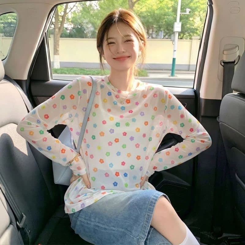 빅 사이즈 색상 별 프린트 시스루 망사 태양 보호 셔츠 티셔츠 여성 여름 새로운 루즈핏 슬림해 보이는 다용도 맨위 상세 이미지 3