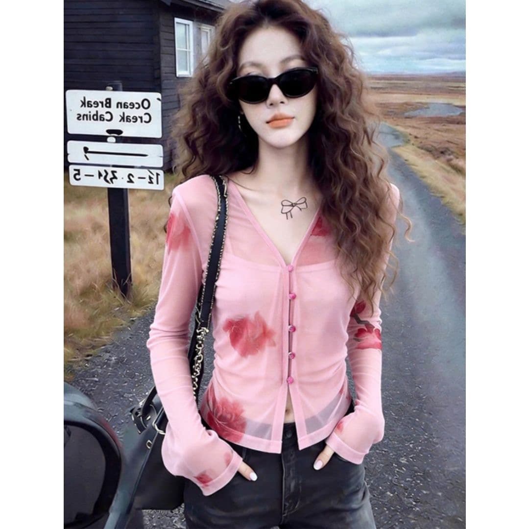 고급 센스 핑크색 프린트 시스루 망사 자외선 차단 오픈 가디건 여성 여름 새로운 외부 가져 가라. 쇼트 스타일 주름 긴팔 맨위 이미지 5