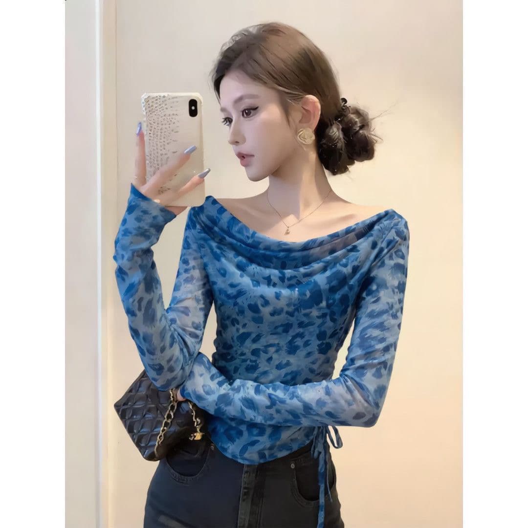 섹시함 오프숄더 파란색 레오파드 무늬 긴팔 망사 자외선 차단 티셔츠 여성 여름 펌프 로프 몸매 가꾸기 슬림해 보이는 흔들다 칼라 맨위 상세 이미지 1