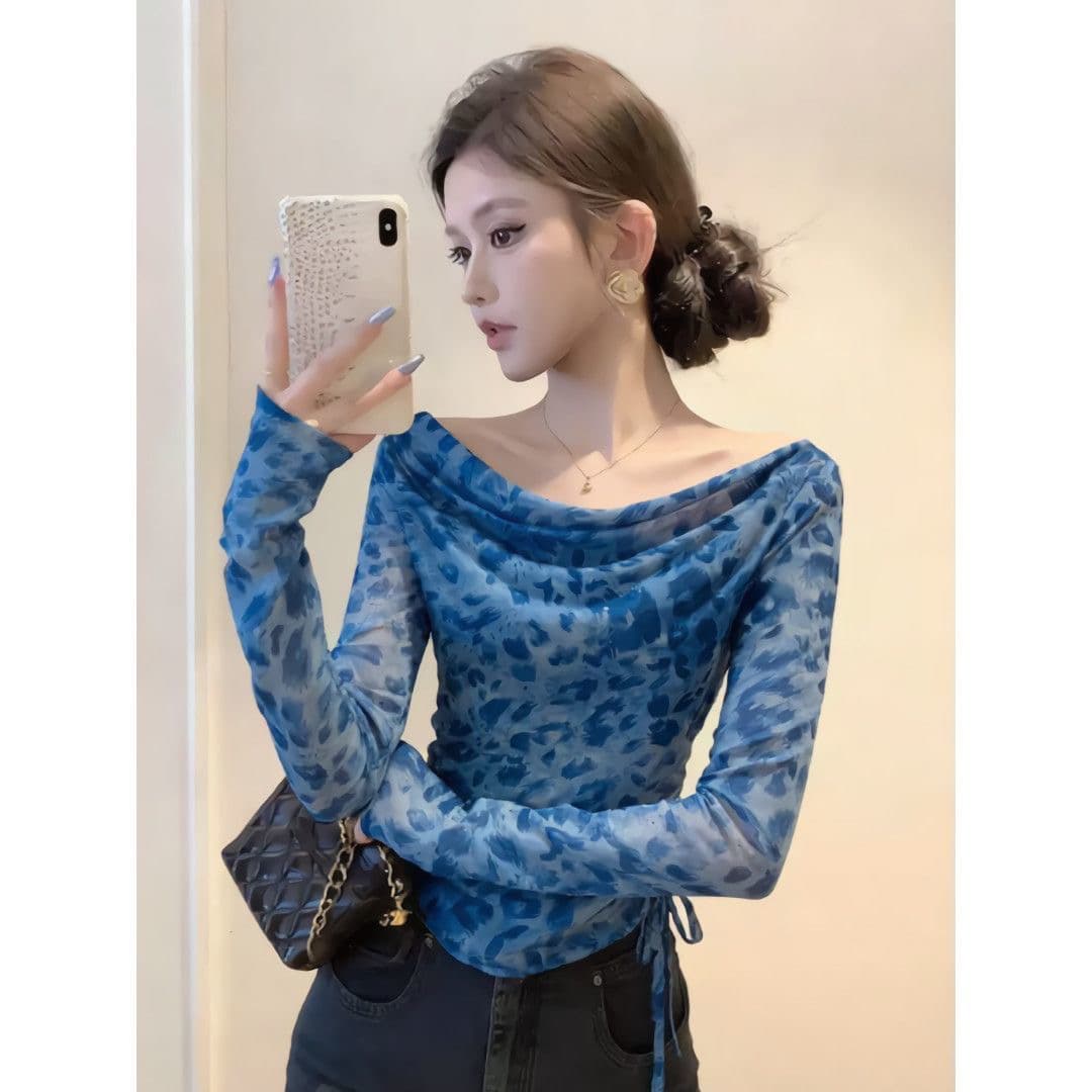 섹시함 오프숄더 파란색 레오파드 무늬 긴팔 망사 자외선 차단 티셔츠 여성 여름 펌프 로프 몸매 가꾸기 슬림해 보이는 흔들다 칼라 맨위 상세 이미지 4