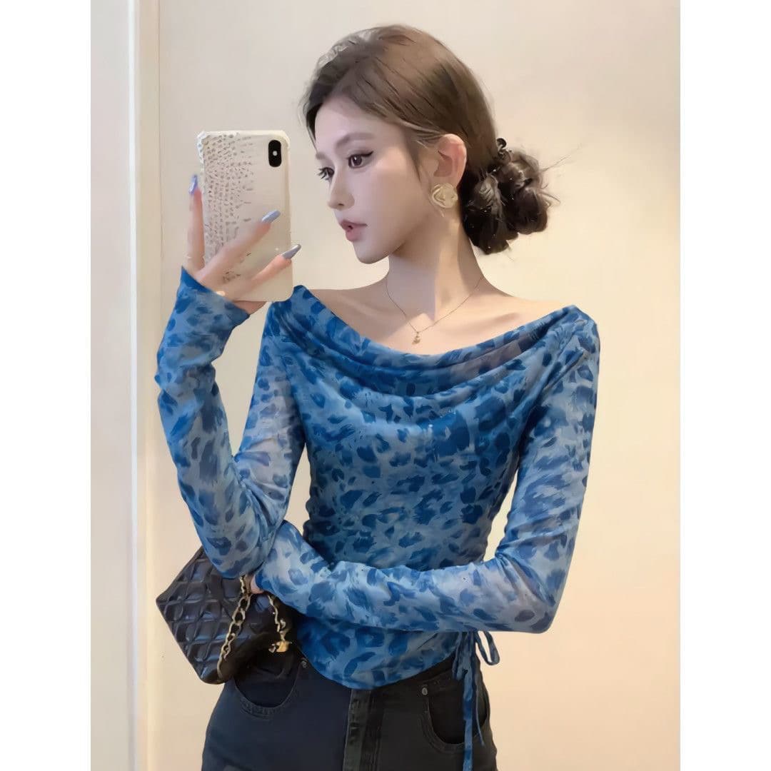 섹시함 오프숄더 파란색 레오파드 무늬 긴팔 망사 자외선 차단 티셔츠 여성 여름 펌프 로프 몸매 가꾸기 슬림해 보이는 흔들다 칼라 맨위 이미지 4