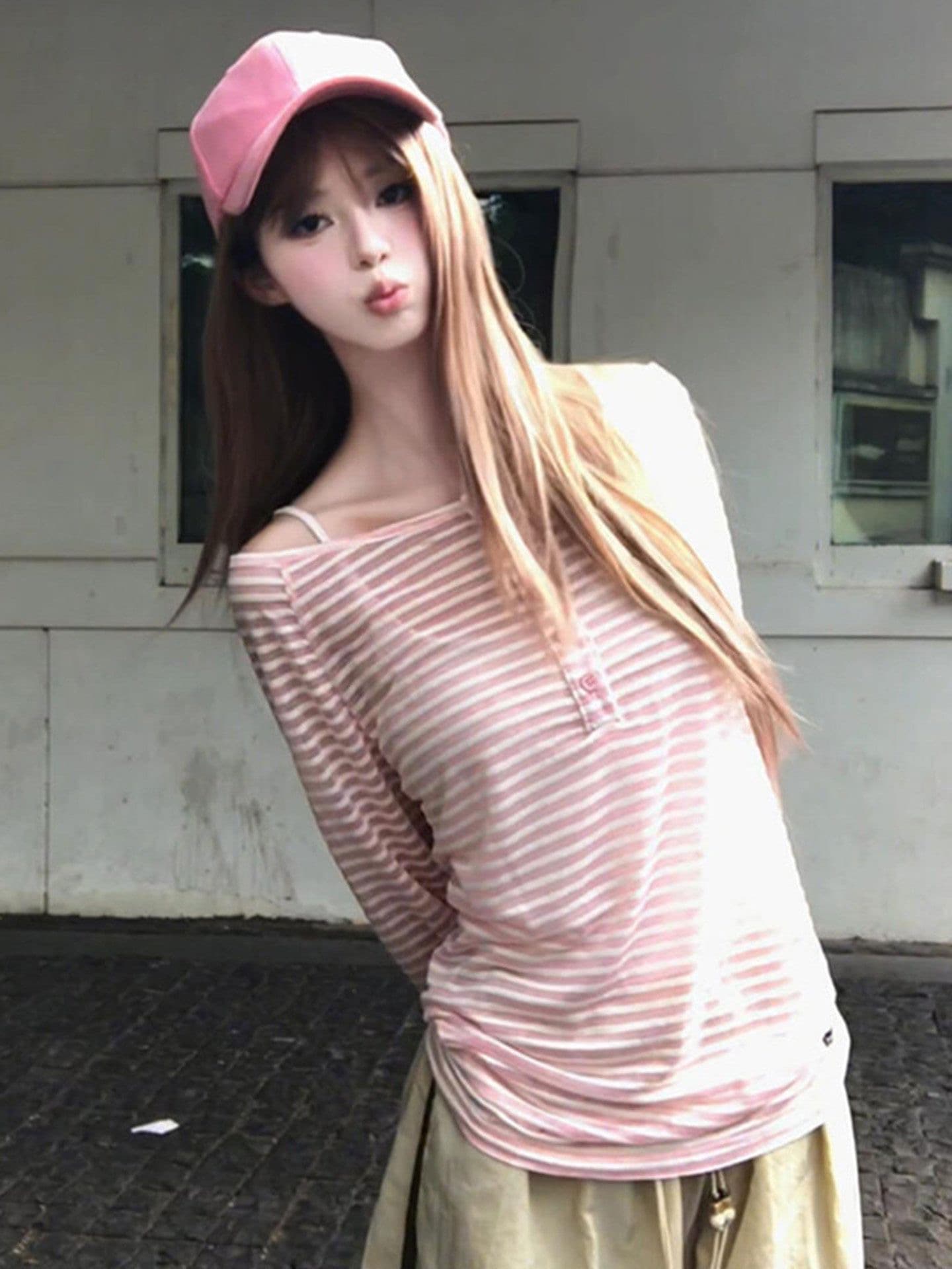 느긋한 바람 스트라이프 오프숄더 다용도 인사이드 가져 가라. 긴팔 티셔츠 소녀 봄 새로운 외국 가스 캐주얼 출퇴근 맨위