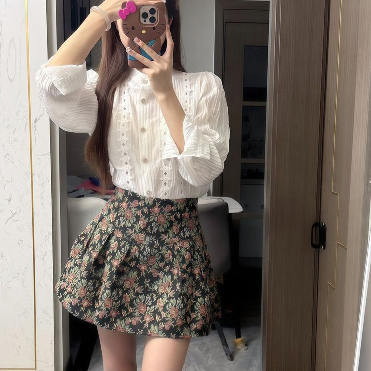 작은 키 착용 가져 가라. 전체 집합 거품 소매 프랑스식 셔츠 코디 꽃무늬 반신 스커트 두 조각 세트 드레스 여성 가을 의상 이미지 4
