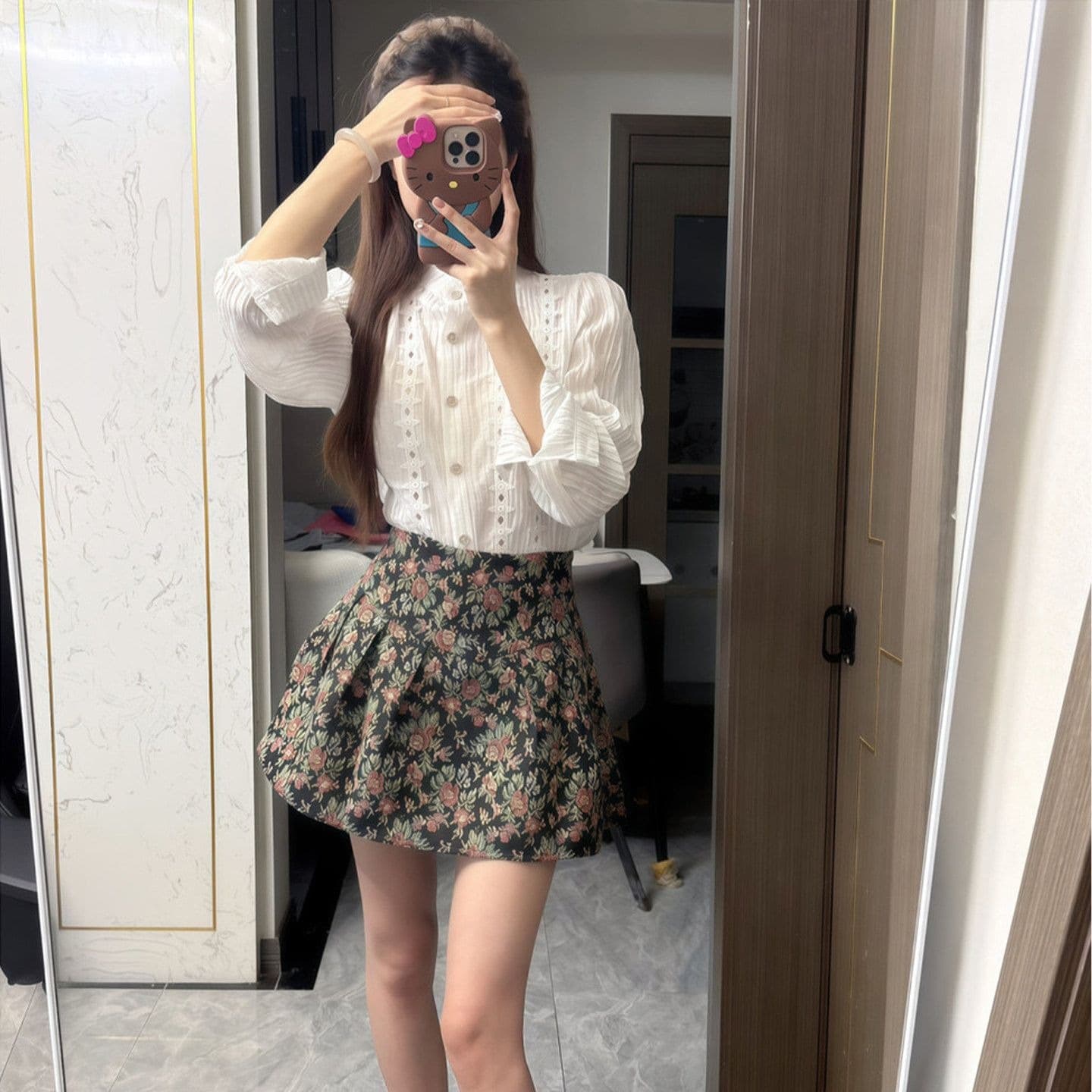 작은 키 착용 가져 가라. 전체 집합 거품 소매 프랑스식 셔츠 코디 꽃무늬 반신 스커트 두 조각 세트 드레스 여성 가을 의상 이미지 5