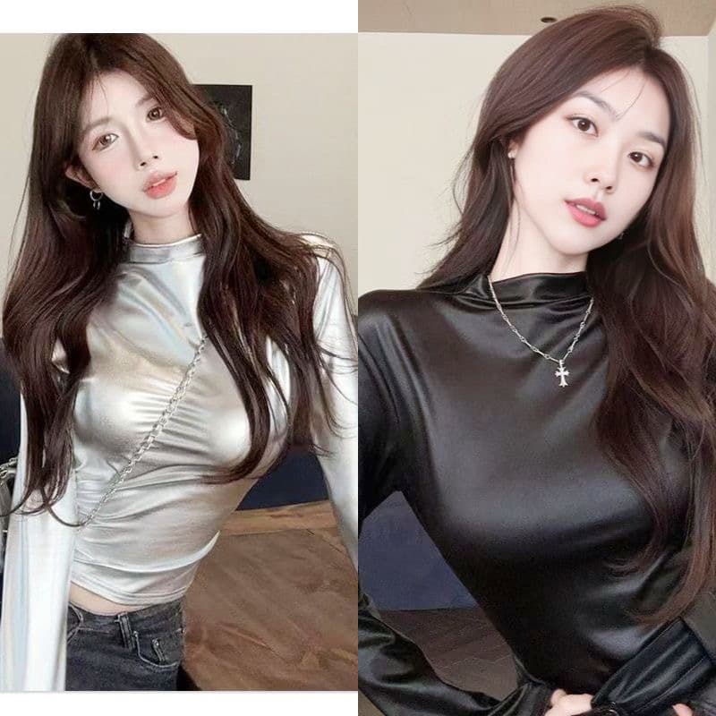 유럽과 미국 몸매 가꾸기 다용도 긴팔 여성 의류 밝은 얼굴 쇼트 스타일 봄 가을 맨위 터틀넥 공연 티셔츠 패션 하프 칼라 1009 상세 이미지 4
