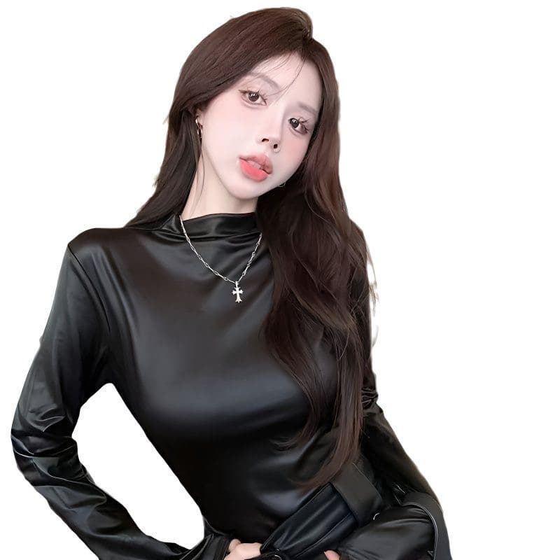 유럽과 미국 몸매 가꾸기 다용도 긴팔 여성 의류 밝은 얼굴 쇼트 스타일 봄 가을 맨위 터틀넥 공연 티셔츠 패션 하프 칼라 1009 상세 이미지 5