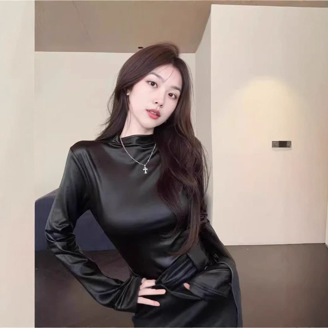 유럽과 미국 몸매 가꾸기 다용도 긴팔 여성 의류 밝은 얼굴 쇼트 스타일 봄 가을 맨위 터틀넥 공연 티셔츠 패션 하프 칼라 1009 상세 이미지 8